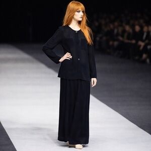 Chanel Jacket + Skirt Suit 2pc Sheer Wool Crepe Button Front Navy Blue 99P HTF